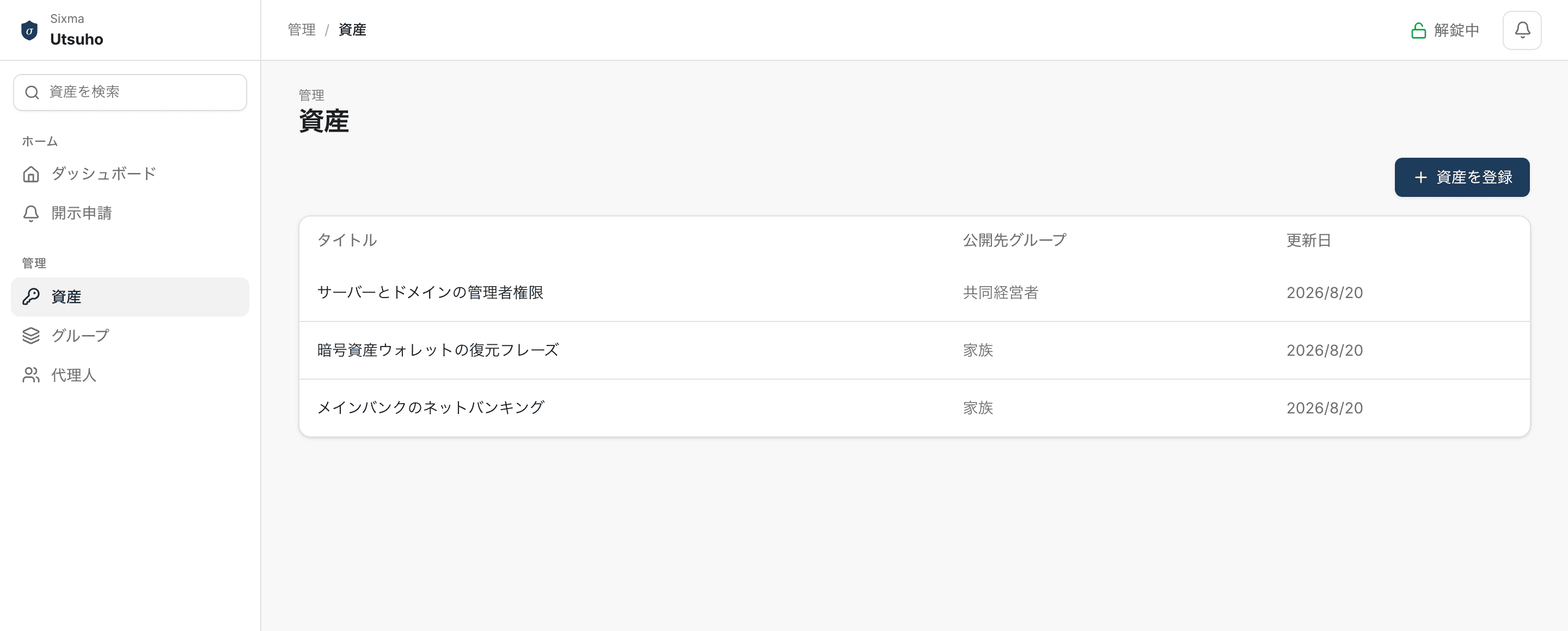 Utsuho の保管情報一覧。タイトルと公開先グループ、更新日だけが並んでいる